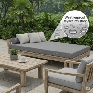 An illustration of a daybed with a durable, weather-resistant daybed mattress cover placed in an outdoor patio setting, emphasizing protection of the daybed mattress cover from elements.