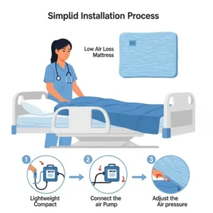 Illustration demonstrating the ease of setup and portability of a low air loss mattresses, showing a simplified installation process.
