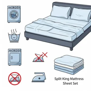 Illustration of care symbols for split king mattress sheet sets, providing guidance on how to properly wash and maintain your bedding.