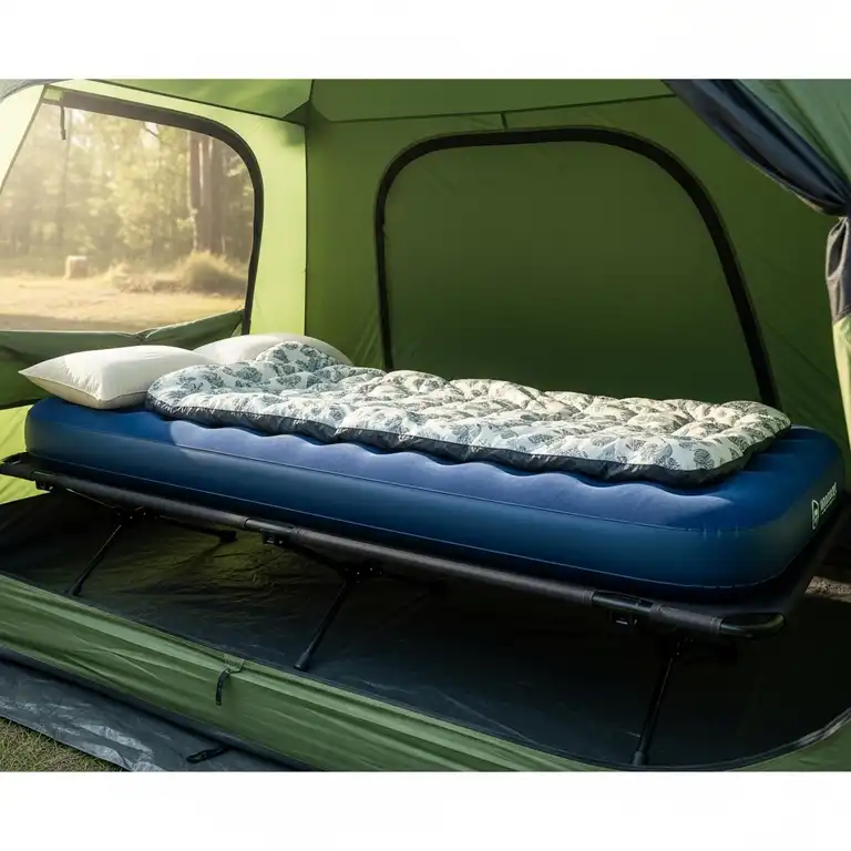 A comfortable air mattress on a cot inside a tent, showing an ideal sleeping setup for outdoor adventures.