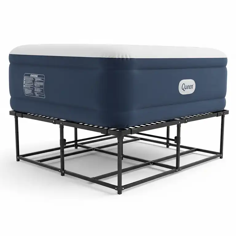 A durable metal air mattress stand supporting a queen-sized air mattress, ideal for elevated comfort and easy access.