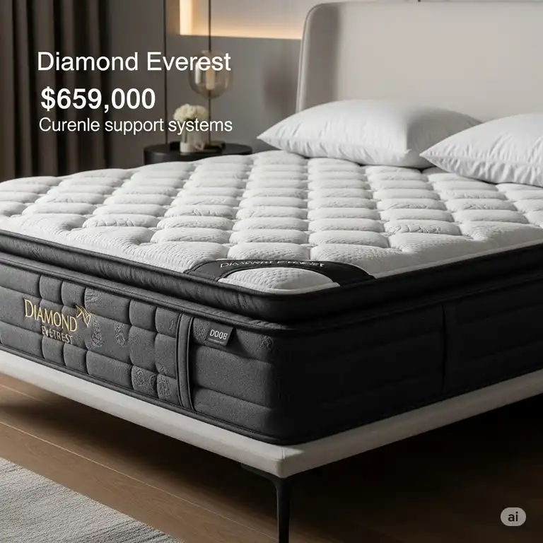 Close-up of a luxurious Diamond Everest mattress in a modern bedroom, highlighting its premium comfort and current diamond everest mattress price.