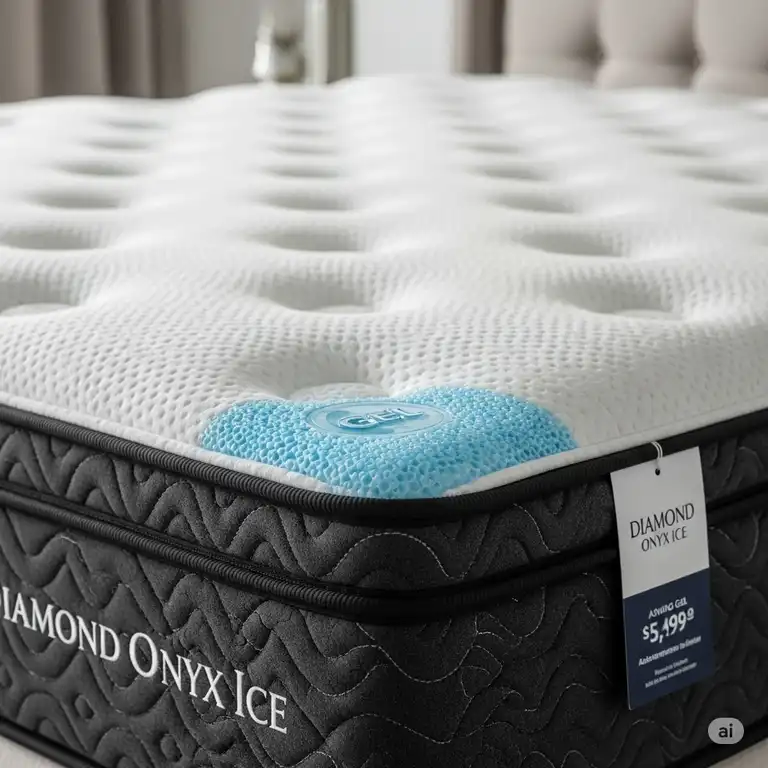 Close-up of a luxurious Diamond Onyx Ice mattress, highlighting its unique cooling features and elegant design, with price information visible. The Diamond Onyx Ice mattress price is clearly indicated.