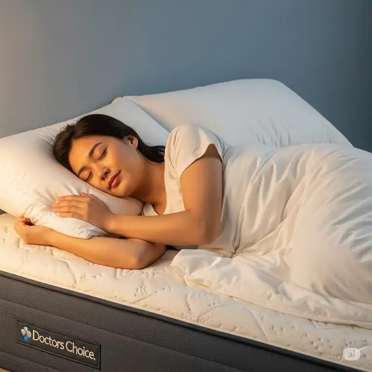 A person comfortably sleeping on a Doctors Choice mattress, highlighting its supportive and comfortable design for a restful night's sleep.