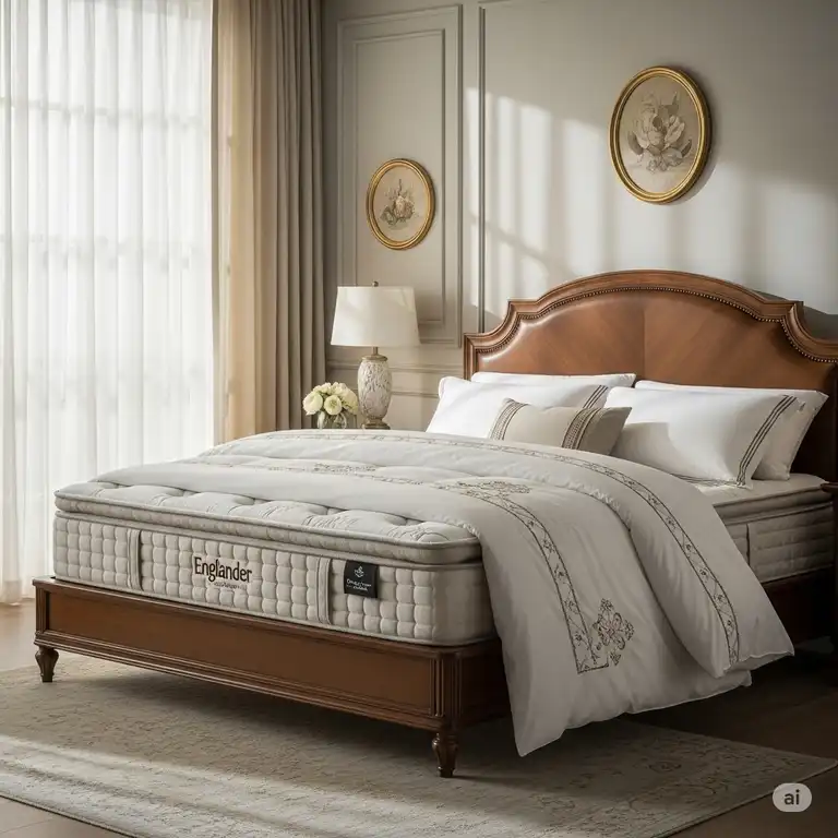 Premium Englander bed mattress in a beautifully designed bedroom, showcasing its comfort and elegant design.