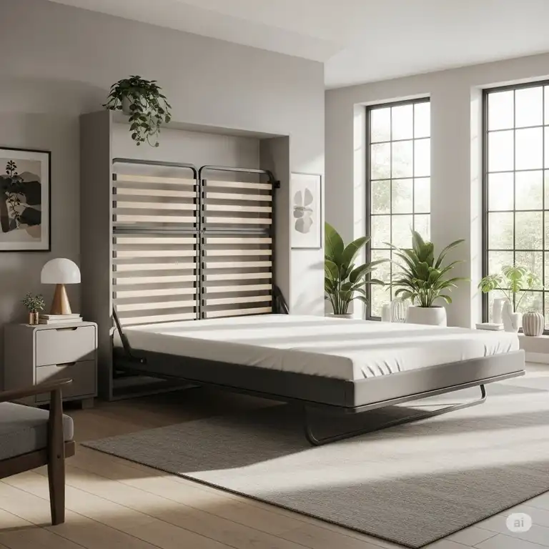 A modern bedroom featuring a neatly folded queen mattress frame, showcasing its compact storage capabilities when not in use.