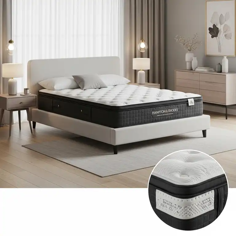 "A comfortable hampton and rhodes mattress perfectly set up in a modern, inviting bedroom, highlighting its quality and appeal."