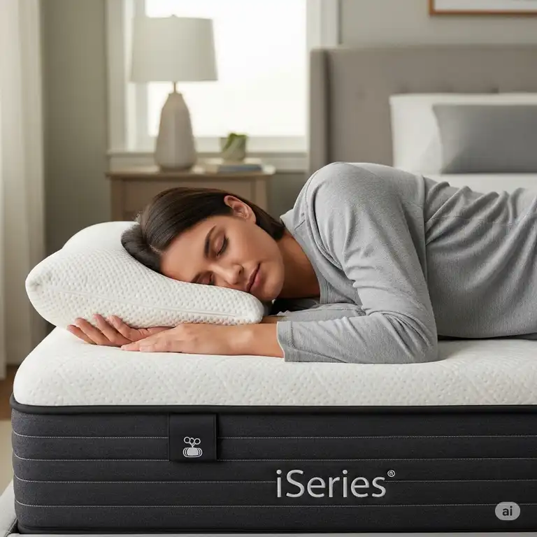 A person peacefully sleeping on a luxurious iSeries mattresses, highlighting the exceptional comfort and support provided.