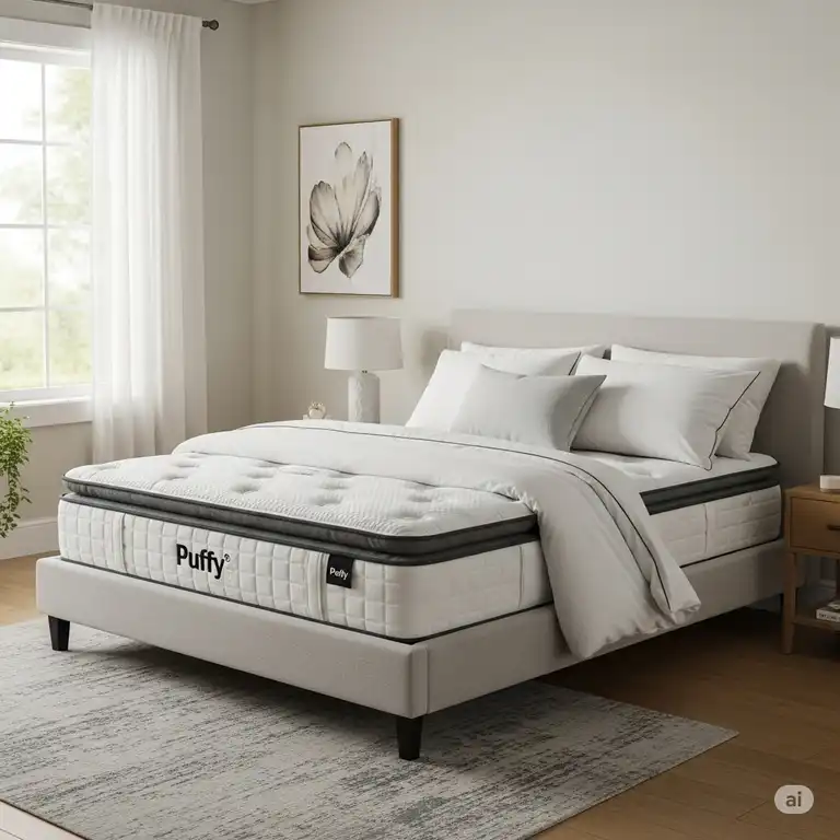 A cozy bedroom featuring a Puffy mattress, highlighting its cloud-like comfort and luxurious design for optimal sleep. mattresses puffy