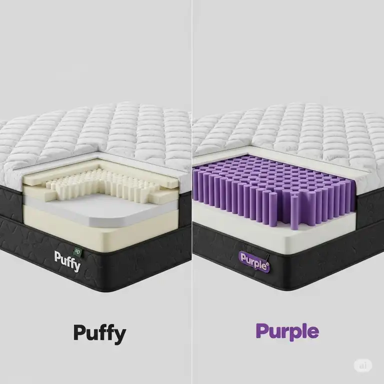 A side-by-side comparison of a Puffy mattress vs purple mattress, highlighting their unique comfort layers and designs for sleepers.