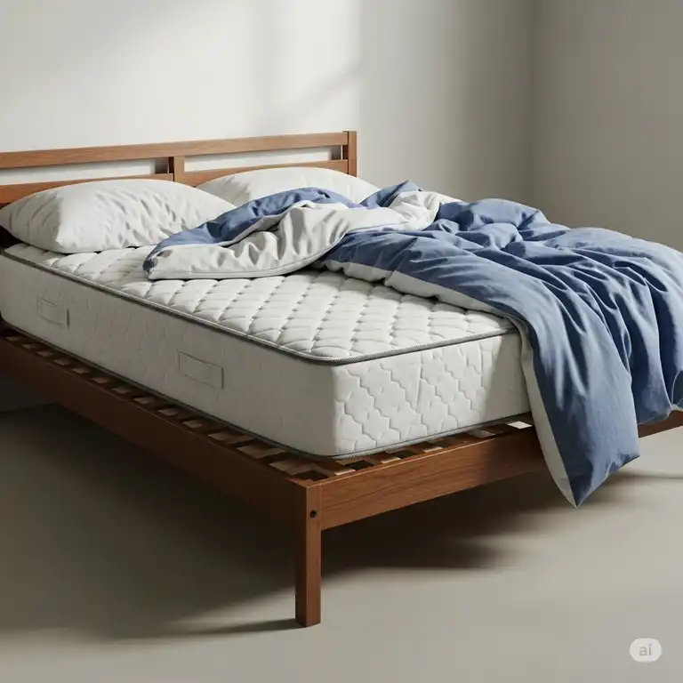 A queen mattress on full frame showing the overhang and improper fit.