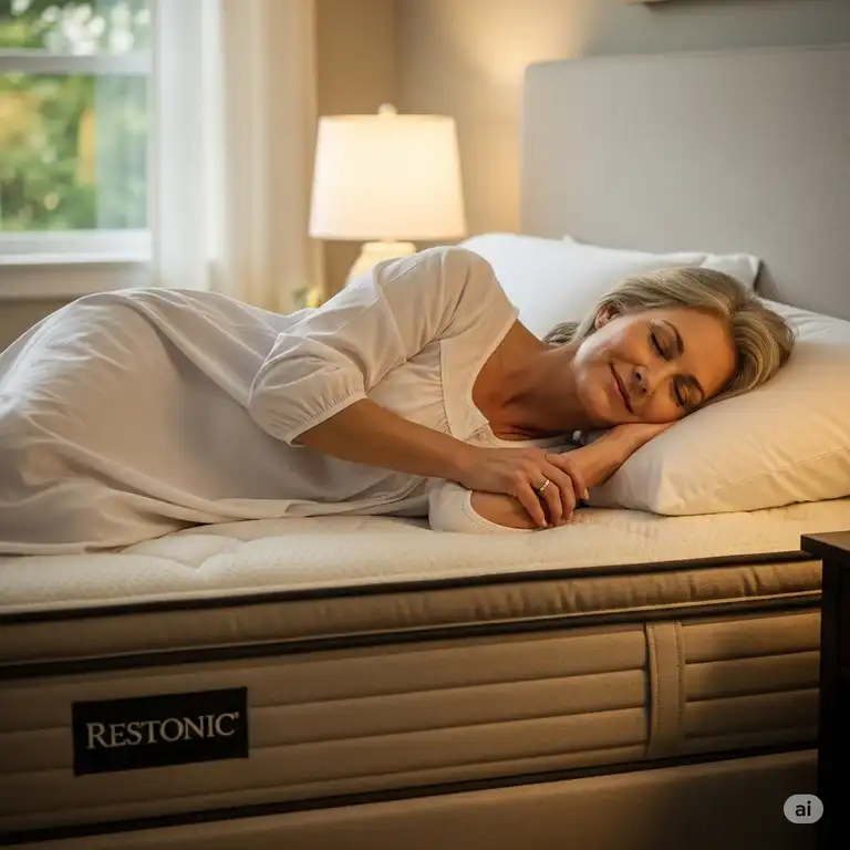 A person comfortably sleeping on a Restonic mattress, highlighting its supportive and plush comfort for a restful night. This image accompanies a comprehensive Restonic mattress review.