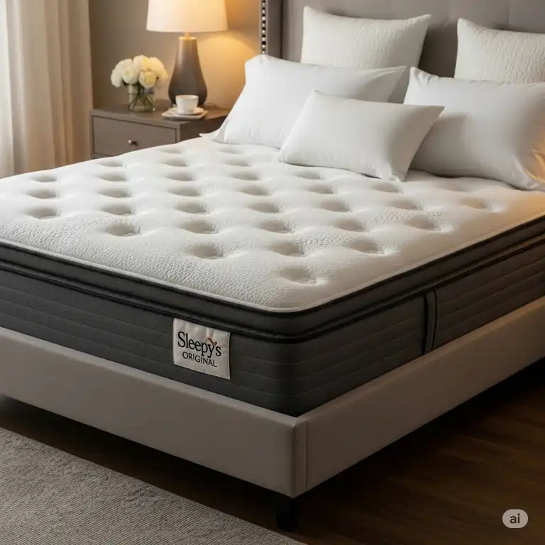 Original Sleepys mattress review showing a comfortable, queen-size bed with soft linens, ideal for a good night's sleep.