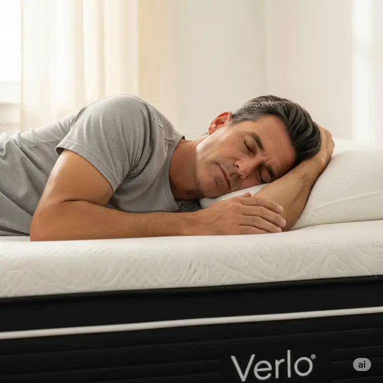 A person happily sleeping on a Verlo mattress, showcasing comfort and support. This image highlights key aspects of Verlo mattress reviews.