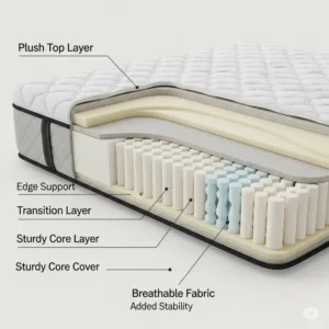 An illustration showing a cross-section of a mattress highlighting layers for optimal comfort and support, essential features for the best Airbnb mattress experience.