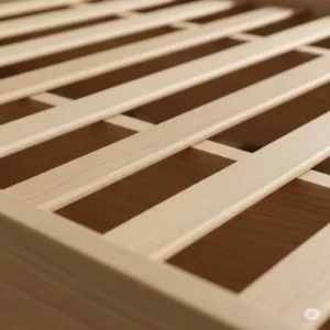 Close-up view of the closely spaced wooden slats within a box spring, illustrating the essential firm and even support required for a memory foam mattress.