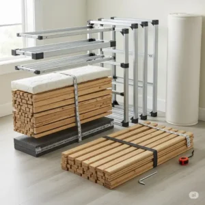 Individual components of a disassembled king size box spring, illustrating its easy transport and assembly for various bedroom sizes.