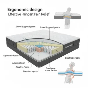 Diagram illustrating the ergonomic design of a Doctors Choice mattress providing optimal back and spinal alignment for pain relief.