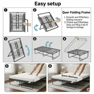Step-by-step illustration demonstrating the easy setup of a folding queen mattress frame.