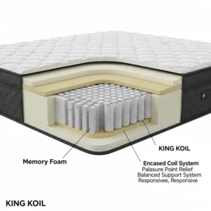 Cross-section illustration of a King Koil hybrid mattress, showing memory foam layers and encased coil system, as discussed in King Koil mattress reviews.