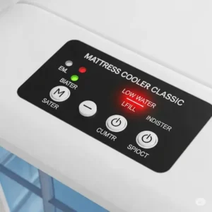 An illustration showing the Mattress Cooler Classic control panel with the low water indicator light highlighted, indicating the need to refill the water reservoir for optimal cooling. This is a common mattress cooler classic troubleshooting step.