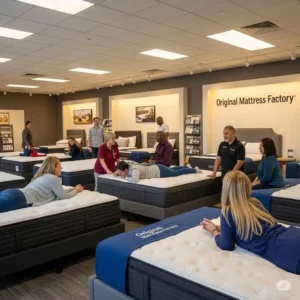 Customers testing out various models in an Original Mattress Factory showroom, illustrating the in-person experience often mentioned in original mattress factory reviews.