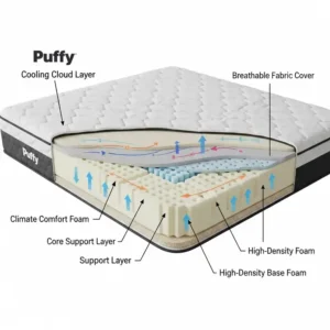 Detailed illustration showcasing the multi-layered construction of a Puffy mattress for pressure relief and support.