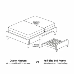 An infographic comparing the size difference between a queen mattress on full frame and a proper queen setup.