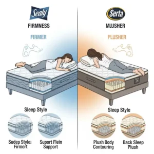 Illustration demonstrating the varying firmness and support levels of Sealy (firmer) and Serta (plusher) mattresses for different sleep styles.