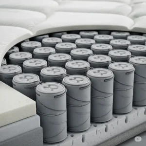 Detailed view of the advanced Pocketed Coil technology within a simmons recharge mattress, illustrating independent support and motion separation.
