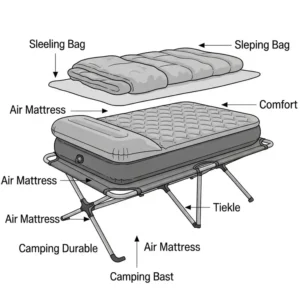Diagram illustrating the components of a cozy sleeping arrangement: a durable camping cot providing elevation, topped with an air mattress on a cot for cushioned support, ready for a sleeping bag.