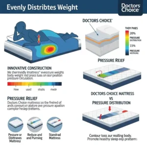 Infographic showing how a Doctors Choice mattress evenly distributes body weight to alleviate pressure points and improve circulation.