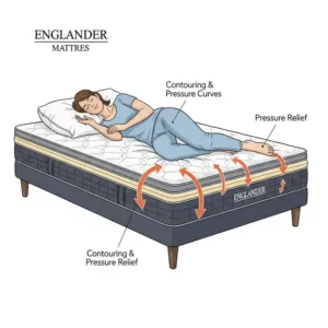Illustration of a person experiencing restful sleep on an Englander bed mattress, demonstrating optimal spinal alignment and pressure relief.