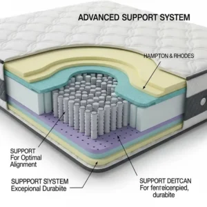 "Close-up illustration of the advanced support system within a hampton and rhodes mattress, designed for optimal spinal alignment and durability."