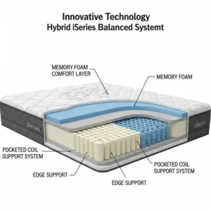 Diagram illustrating the innovative hybrid technology of iSeries mattresses, combining memory foam and coil systems for balanced support.