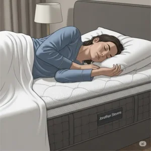 "Illustration of a person experiencing deep, comfortable sleep on a Jonathan Stevens mattress, emphasizing ergonomic support and a restful night."