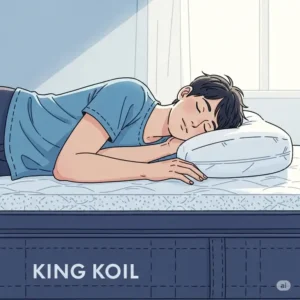 Illustration of a person sleeping comfortably on their side on a King Koil mattress, demonstrating pressure relief and spinal alignment for side sleepers in King Koil mattress reviews.
