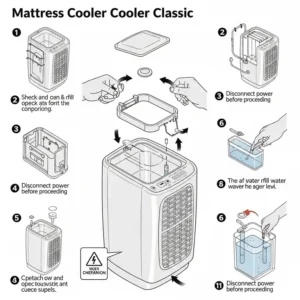 A diagram illustrating how to safely open the Mattress Cooler Classic unit to check and refill the water level, a common step in mattress cooler classic troubleshooting cooling issues.