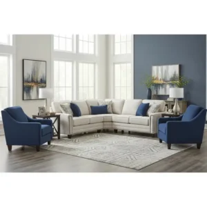 Stylish living room furniture set, featuring a comfortable sofa and accent chairs from Mattress & Furniture Express.