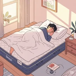 Illustration of a person experiencing peaceful, uninterrupted sleep on a Sleepy's mattress, emphasizing its comfort for our Sleepy's mattress review.