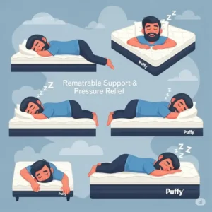 Illustration of a person enjoying deep, restorative sleep on a Puffy mattress, emphasizing its exceptional back support and pressure relief for all sleeping positions.