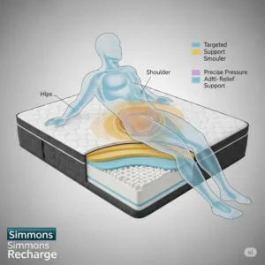 An anatomical diagram demonstrating how the simmons recharge mattress contours to the body, providing targeted pressure relief for hips, shoulders, and back.