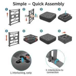Illustrated steps demonstrating the simple and quick assembly process of an air mattress stand for effortless setup.