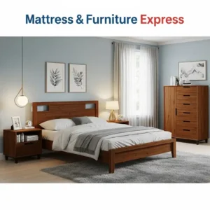 Cozy bedroom illustration with a complete furniture set – bed frame, nightstands, and dresser – offered by Mattress & Furniture Express.