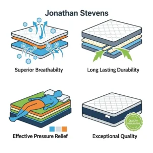 "Set of icons illustrating key features of a Jonathan Stevens mattress, such as superior breathability, long-lasting durability, and effective pressure relief."