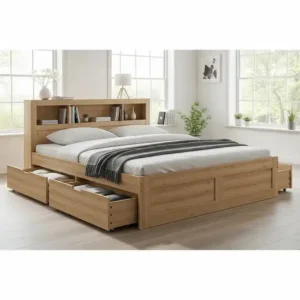 A practical king bed frame and mattress set with built-in storage drawers on both sides. The headboard also features open shelving, providing convenient space for books and a lamp. The design maximizes storage without sacrificing style.