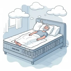 Illustration of a person sleeping soundly on their back on a King Koil mattress, showcasing its supportive design for back sleepers based on King Koil mattress reviews.