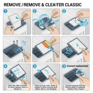 A step-by-step illustration demonstrating the process of removing and cleaning the filter of a Mattress Cooler Classic, crucial for maintaining performance and resolving airflow problems. This is an important mattress cooler classic troubleshooting step.