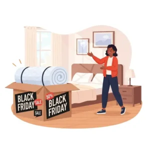 Illustration depicting the convenient delivery of a rolled-up Black Friday mattress in a box, ready for easy unboxing and expansion in a bedroom.