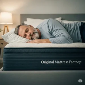 A person peacefully sleeping on an Original Mattress Factory mattress, representing the comfort and improved sleep reported in many original mattress factory reviews.
